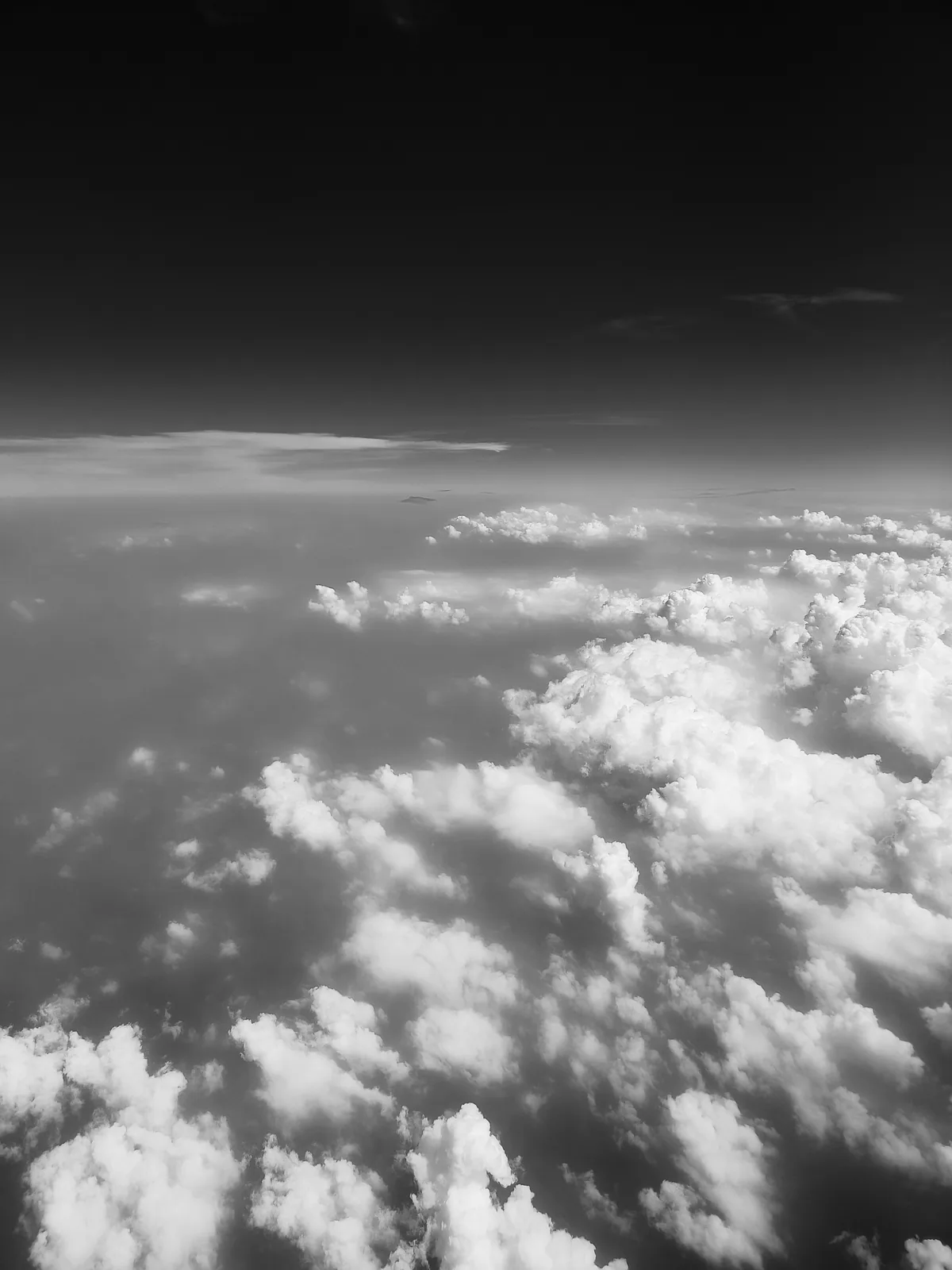 A sea of cloud stretches to a dark horizon, every billow lit from above.