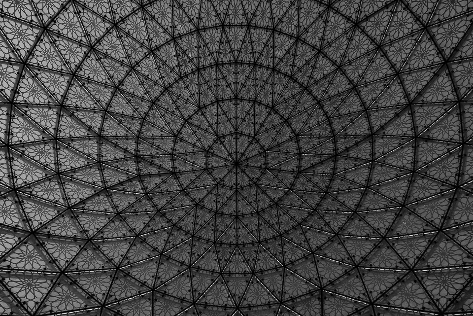 A glass dome's steel lattice radiates in a perfect web.