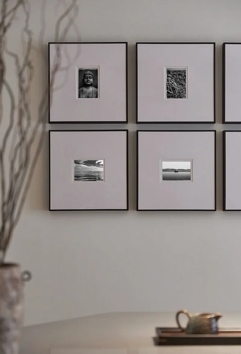 A grid of small works: Deep mounts in matched frames.