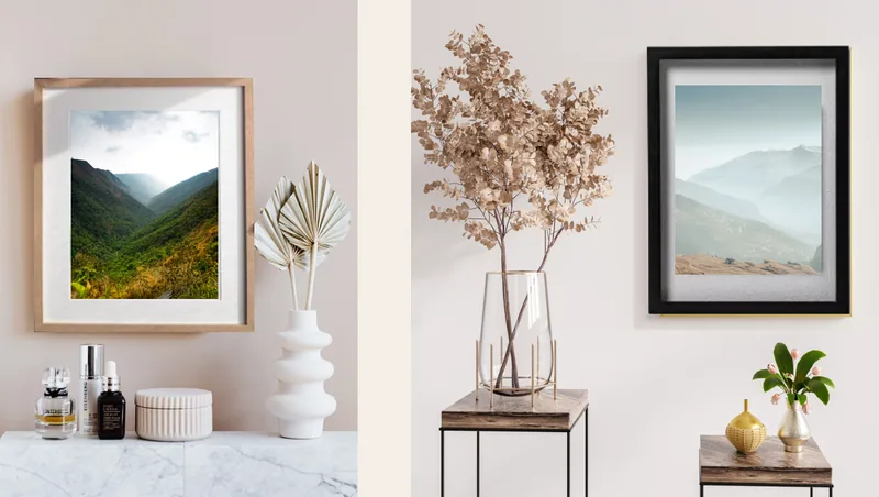Small frames: Pale wood and black frames for a dressing table.